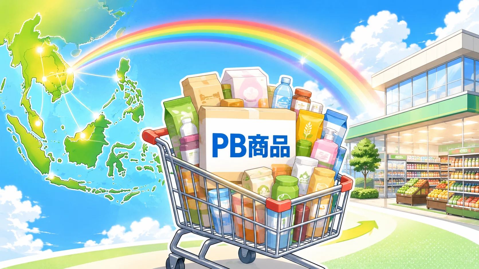PB商品を山積みにしたショッピングカートと東南アジアの地図