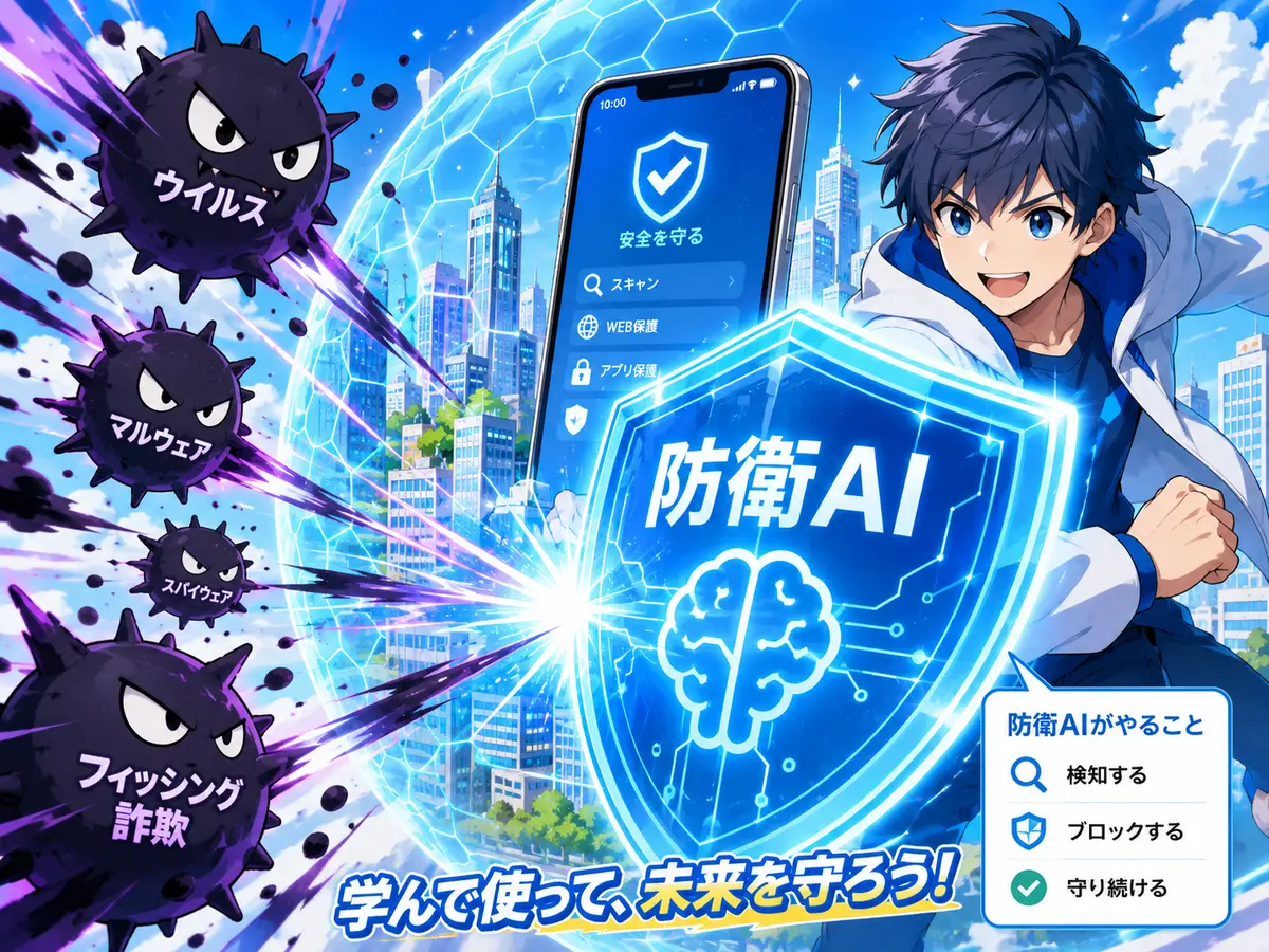 AIを使ったサイバー攻撃と防衛AIによる防御のイメージ