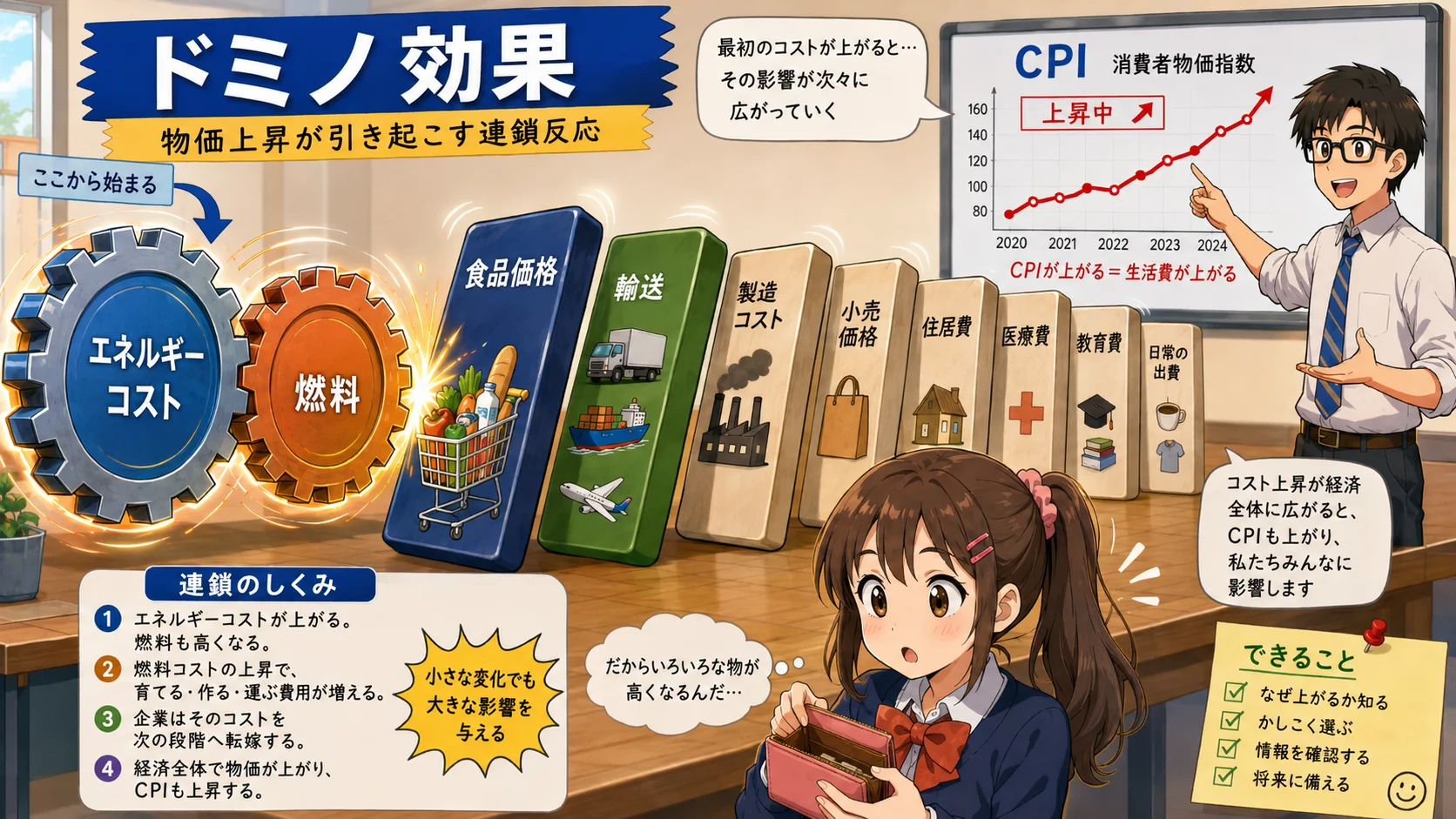 エネルギーコストが起点となる物価上昇のドミノ効果とCPIの関係図