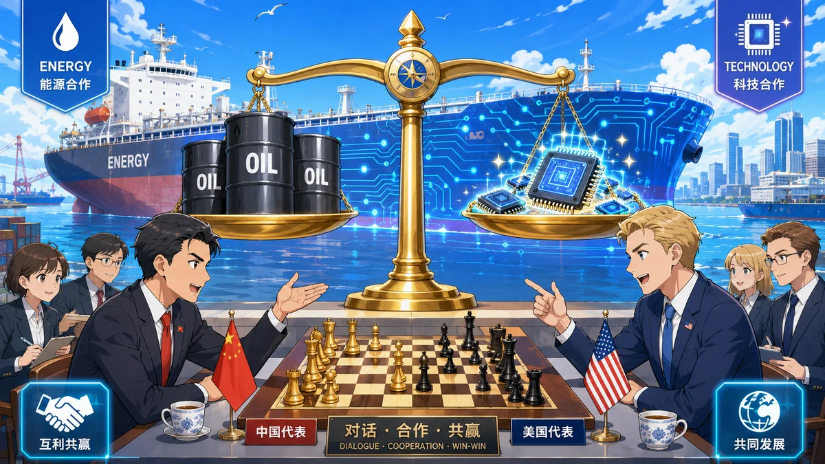 石油と半導体チップを乗せた天秤の前で中国とアメリカの代表が交渉するイラスト