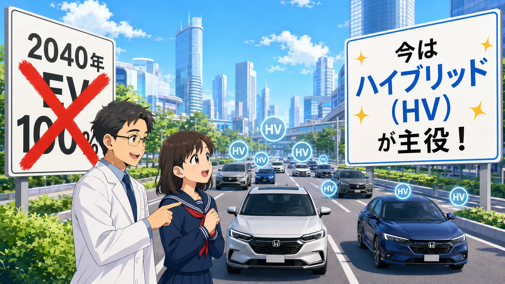 EVからハイブリッド車へ戦略を転換するホンダの説明イラスト