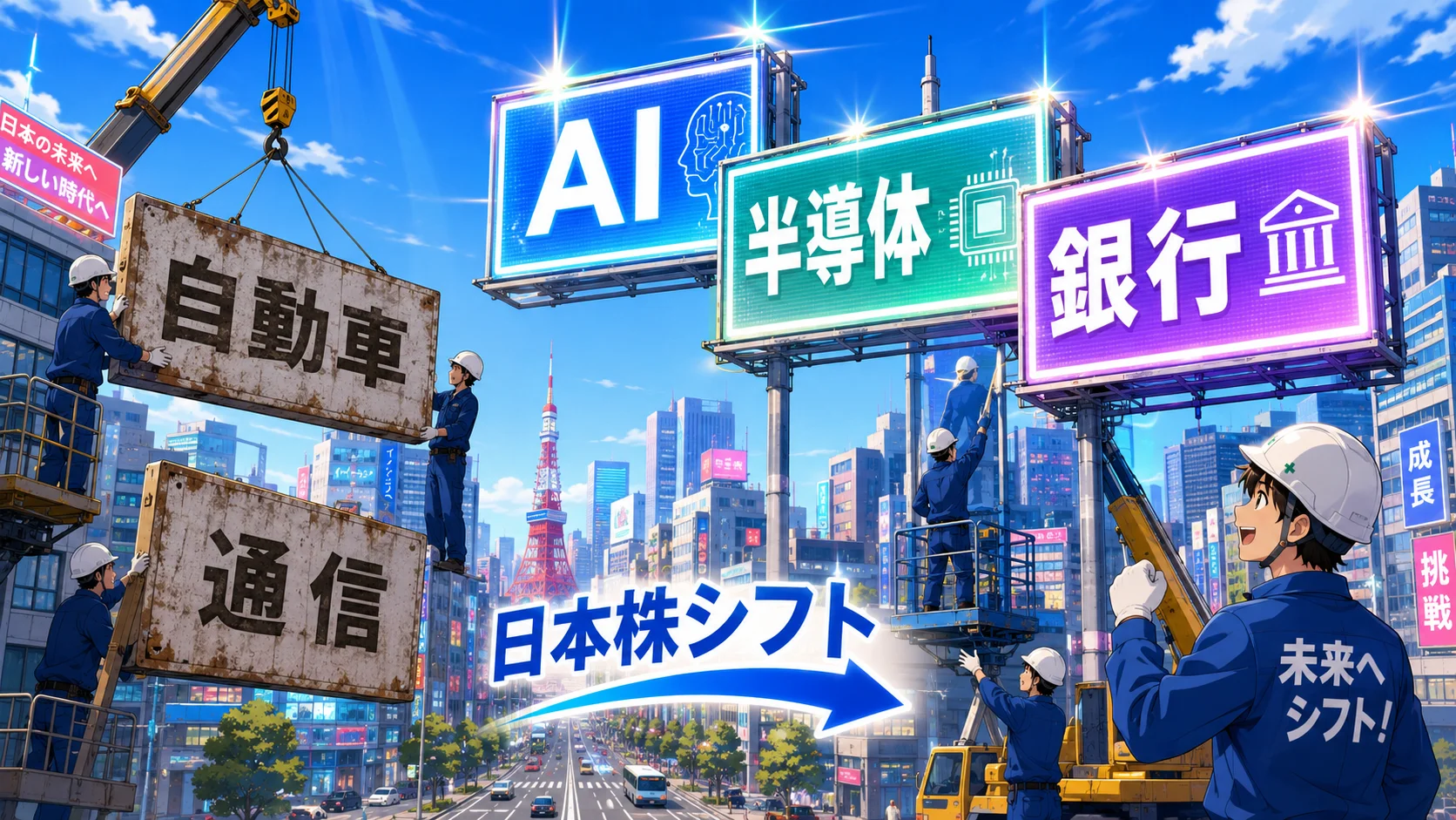 自動車・通信からAI・半導体・銀行へと主役が交代する日本経済のイメージ