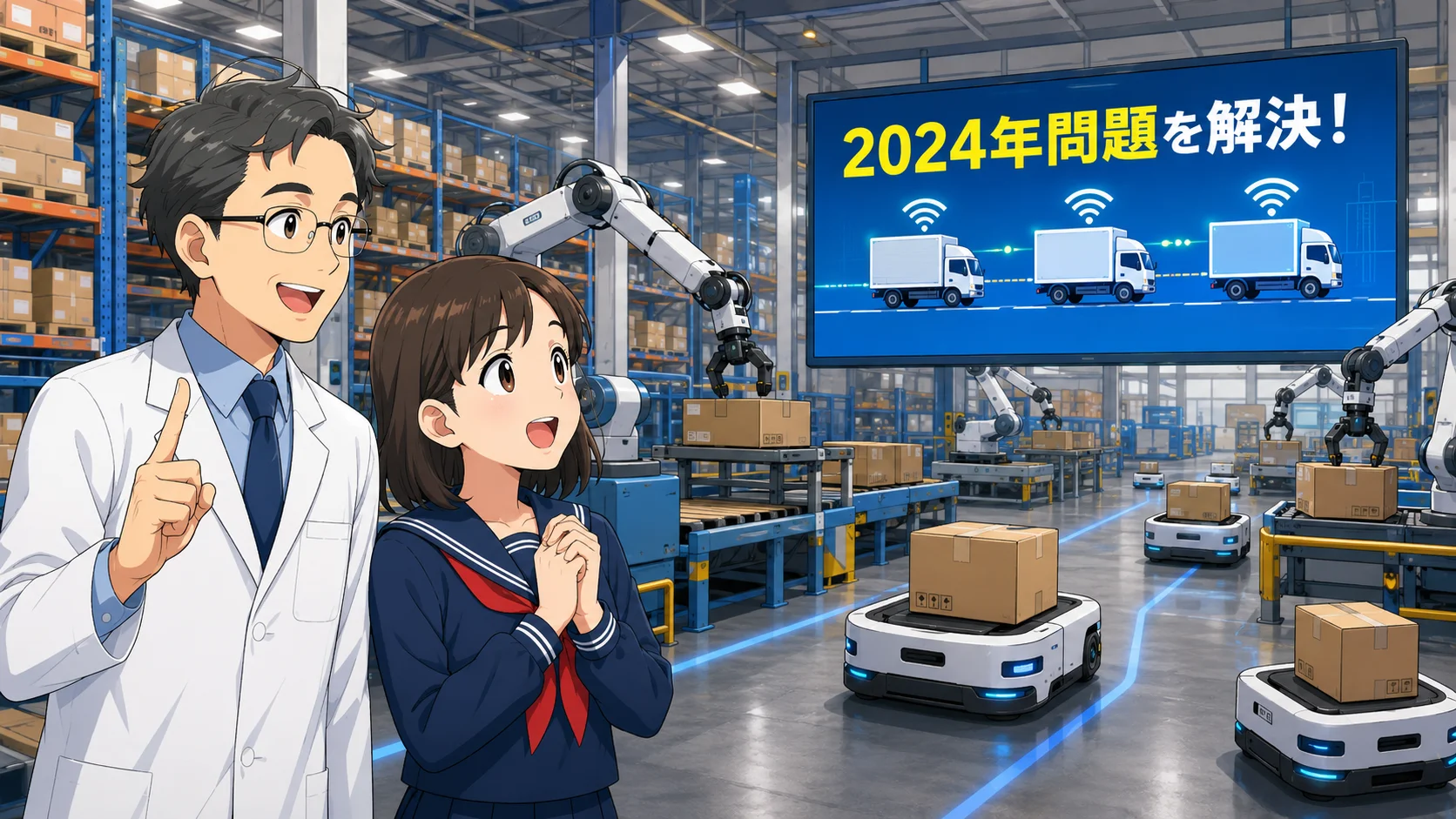 倉庫でロボットとAIが物流を自動化する様子のイラスト