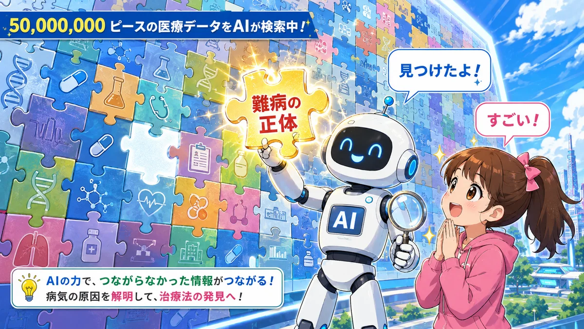 AIロボットが5000万個の医療データパズルから難病の正体を見つけ出すイラスト