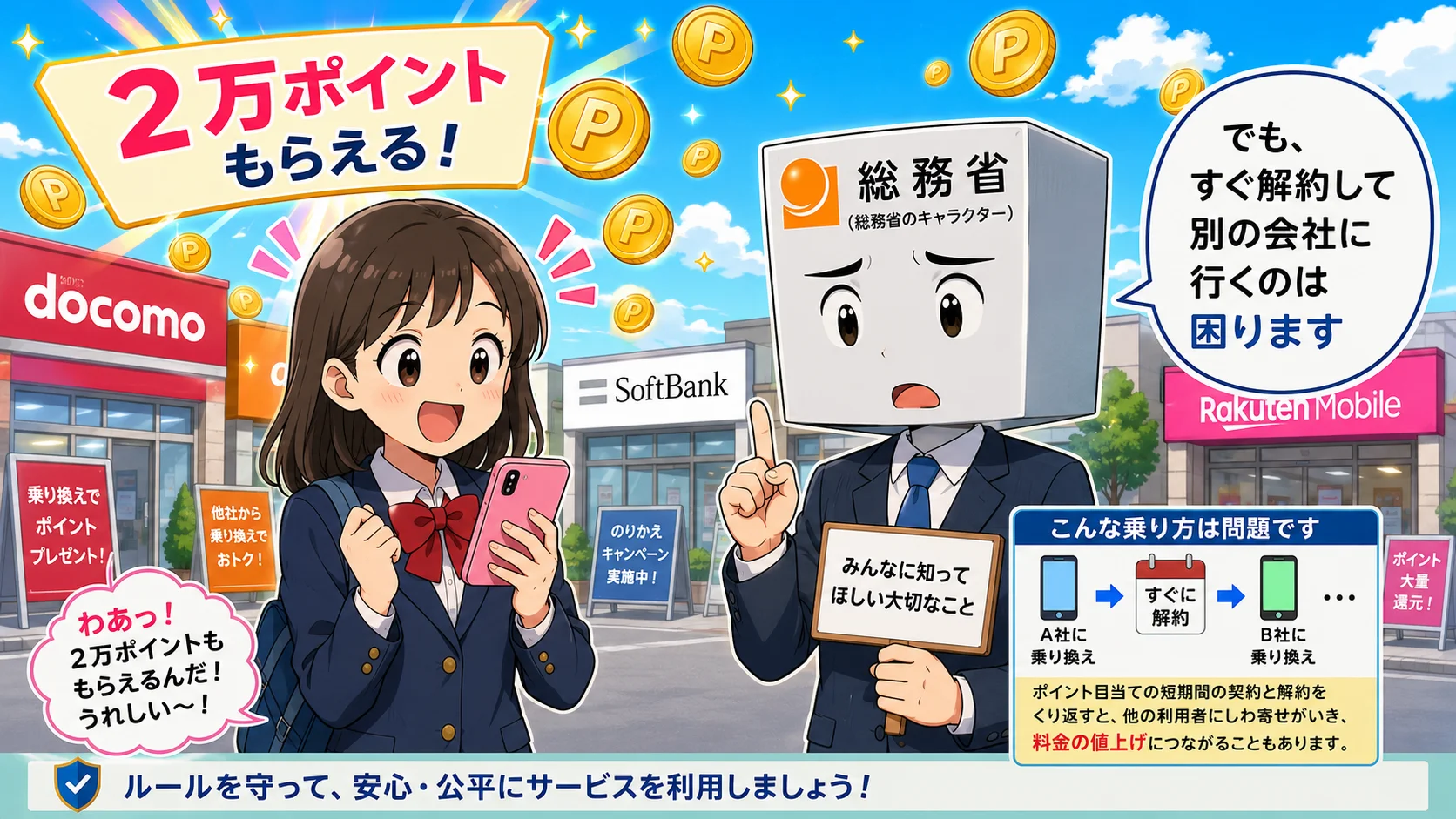携帯ショップでポイント特典を説明する総務省のキャラクターと乗り換えを繰り返す消費者