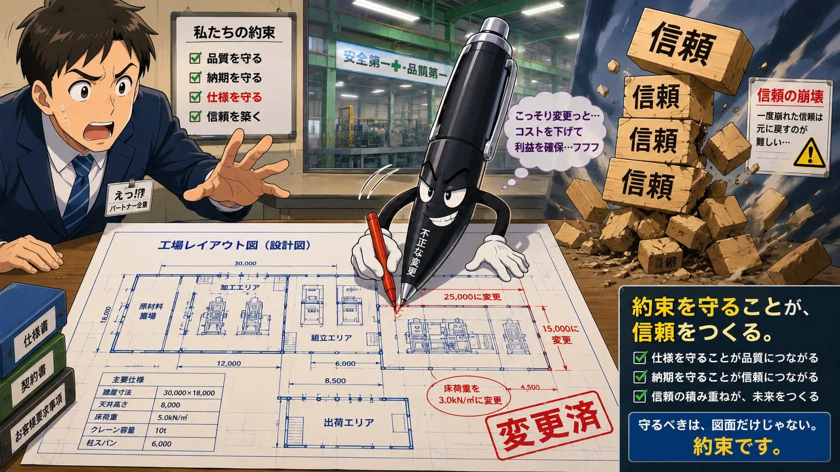 設計図を無断変更する問題と信頼崩壊のイメージ