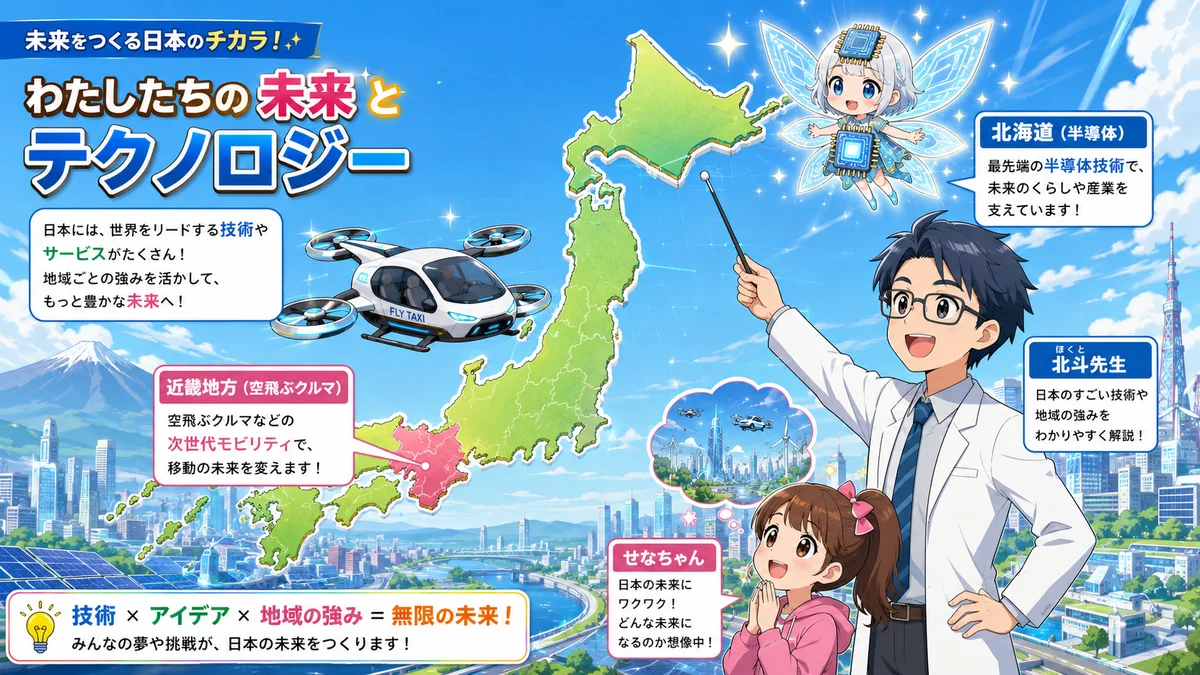 日本地図の上で北海道に半導体妖精、近畿に空飛ぶクルマが描かれホクト先生が解説するイラスト