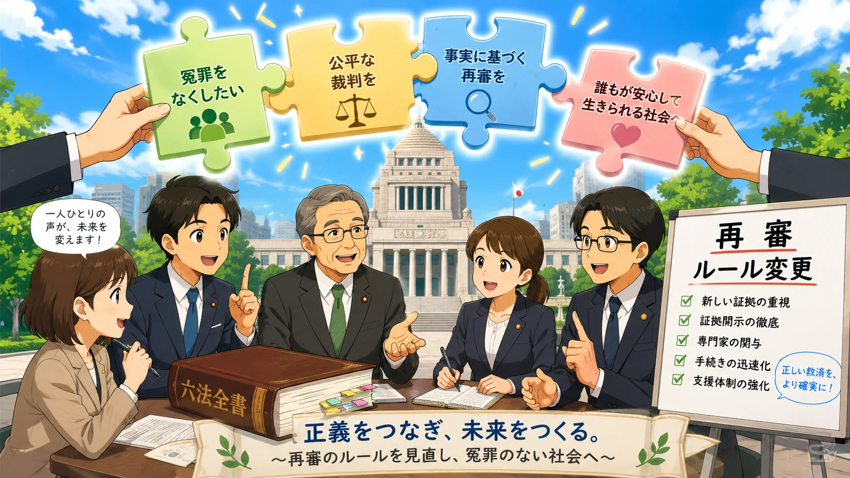 国会で再審ルール改正について議論する議員と六法全書