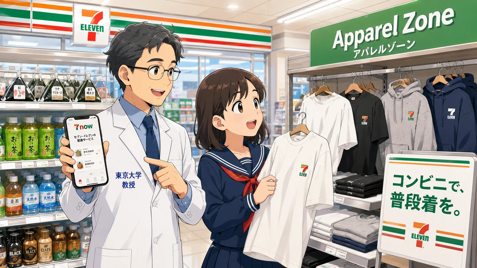 セブン-イレブンのアパレルゾーンで服を選ぶ場面のイラスト