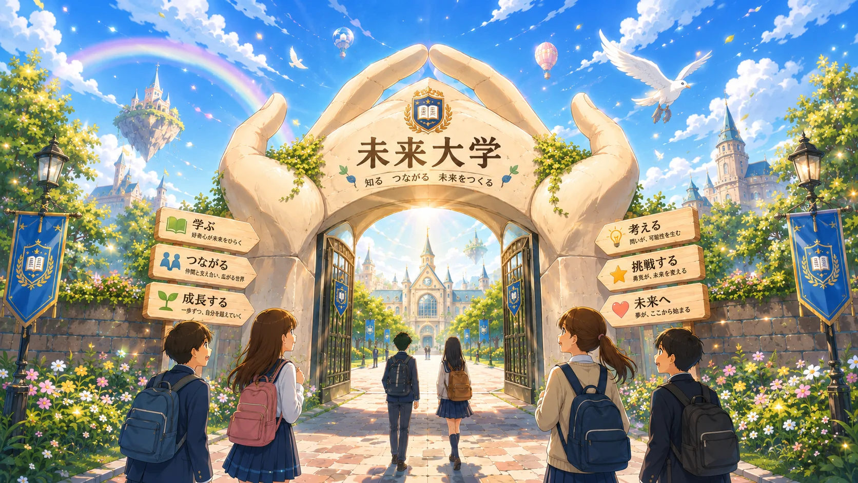夢の大学へと続く門をくぐる中学生たちのイメージ